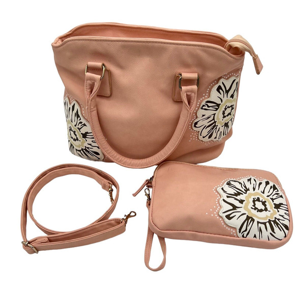 Handbag Crossbody Wristlet Wallet Makeup Bag Pink With Flowers Soft Vinyl - Picture 1 of 12